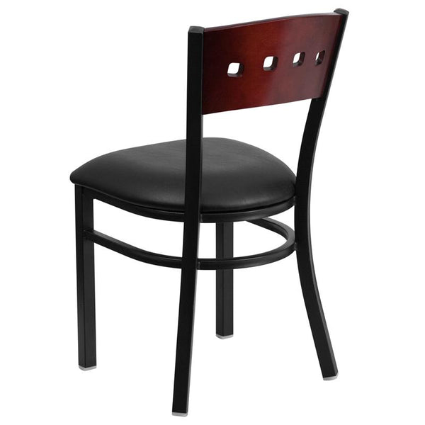 Flash Furniture HERCULES Series Black 4 Square Back Metal Restaurant Chair - Mahogany Wood Back, Black Vinyl Seat - XU-DG-6Y1B-MAH-BLKV-GG