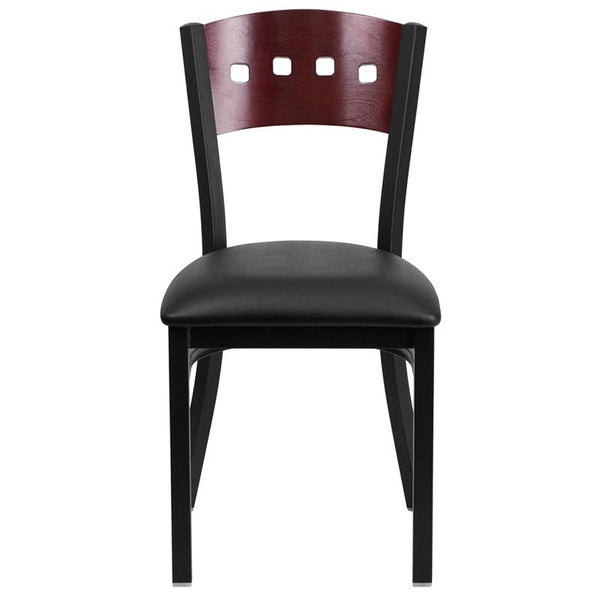 Flash Furniture HERCULES Series Black 4 Square Back Metal Restaurant Chair - Mahogany Wood Back, Black Vinyl Seat - XU-DG-6Y1B-MAH-BLKV-GG