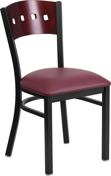 Flash Furniture HERCULES Series Black 4 Square Back Metal Restaurant Chair - Mahogany Wood Back, Burgundy Vinyl Seat - XU-DG-6Y1B-MAH-BURV-GG