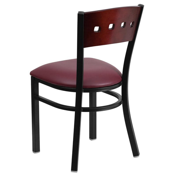 Flash Furniture HERCULES Series Black 4 Square Back Metal Restaurant Chair - Mahogany Wood Back, Burgundy Vinyl Seat - XU-DG-6Y1B-MAH-BURV-GG