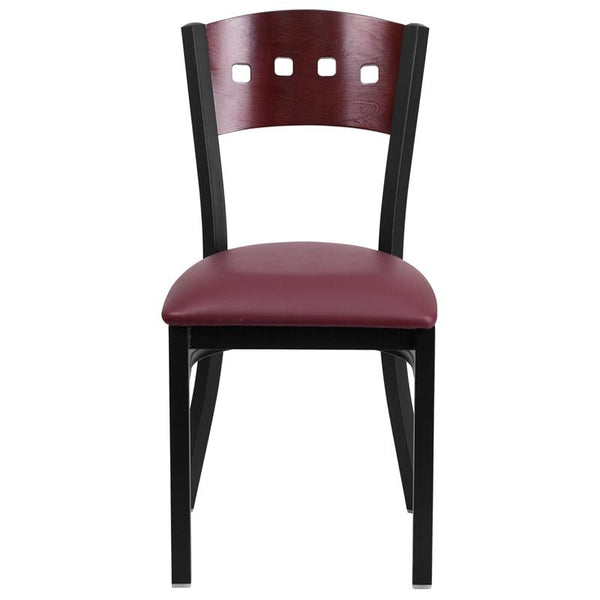 Flash Furniture HERCULES Series Black 4 Square Back Metal Restaurant Chair - Mahogany Wood Back, Burgundy Vinyl Seat - XU-DG-6Y1B-MAH-BURV-GG