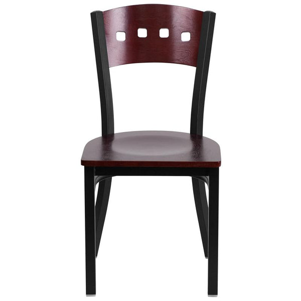 Flash Furniture HERCULES Series Black 4 Square Back Metal Restaurant Chair - Mahogany Wood Back & Seat - XU-DG-6Y1B-MAH-MTL-GG