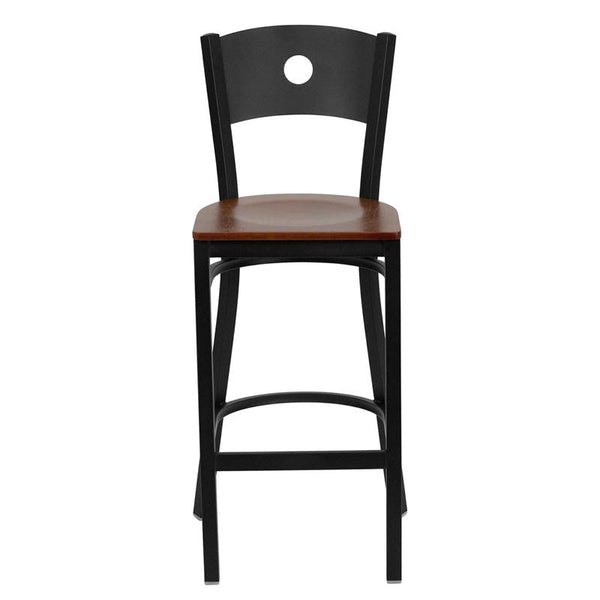 Flash Furniture HERCULES Series Black Circle Back Metal Restaurant Barstool - Cherry Wood Seat - XU-DG-60120-CIR-BAR-CHYW-GG