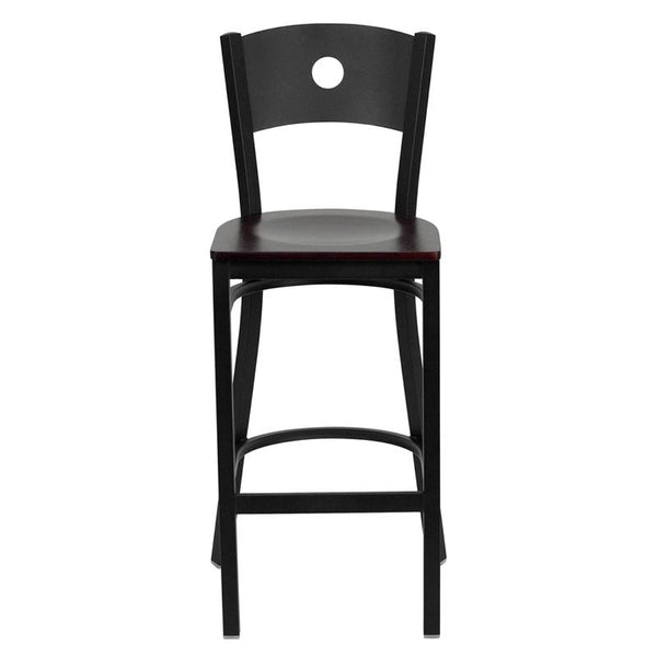 Flash Furniture HERCULES Series Black Circle Back Metal Restaurant Barstool - Mahogany Wood Seat - XU-DG-60120-CIR-BAR-MAHW-GG