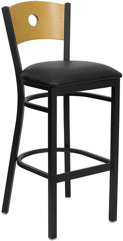 Flash Furniture HERCULES Series Black Circle Back Metal Restaurant Barstool - Natural Wood Back, Black Vinyl Seat - XU-DG-6F6B-CIR-BAR-BLKV-GG