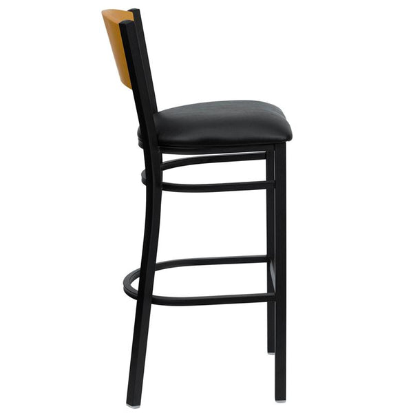 Flash Furniture HERCULES Series Black Circle Back Metal Restaurant Barstool - Natural Wood Back, Black Vinyl Seat - XU-DG-6F6B-CIR-BAR-BLKV-GG