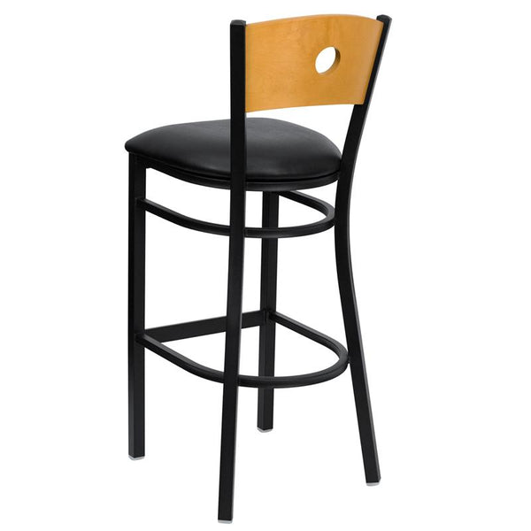 Flash Furniture HERCULES Series Black Circle Back Metal Restaurant Barstool - Natural Wood Back, Black Vinyl Seat - XU-DG-6F6B-CIR-BAR-BLKV-GG