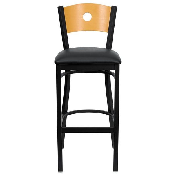 Flash Furniture HERCULES Series Black Circle Back Metal Restaurant Barstool - Natural Wood Back, Black Vinyl Seat - XU-DG-6F6B-CIR-BAR-BLKV-GG