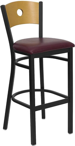 Flash Furniture HERCULES Series Black Circle Back Metal Restaurant Barstool - Natural Wood Back, Burgundy Vinyl Seat - XU-DG-6F6B-CIR-BAR-BURV-GG