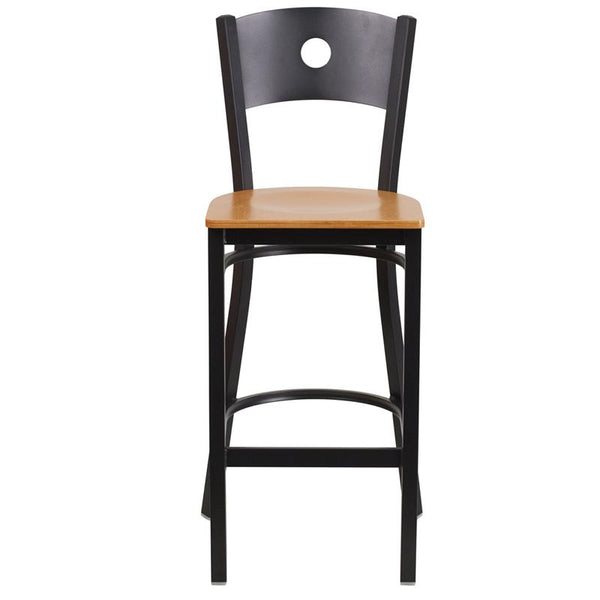 Flash Furniture HERCULES Series Black Circle Back Metal Restaurant Barstool - Natural Wood Seat - XU-DG-60120-CIR-BAR-NATW-GG