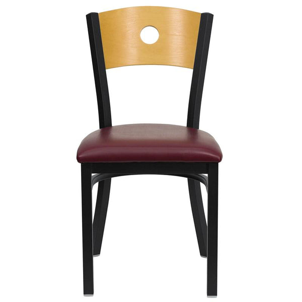 Flash Furniture HERCULES Series Black Circle Back Metal Restaurant Chair - Natural Wood Back, Burgundy Vinyl Seat - XU-DG-6F2B-CIR-BURV-GG