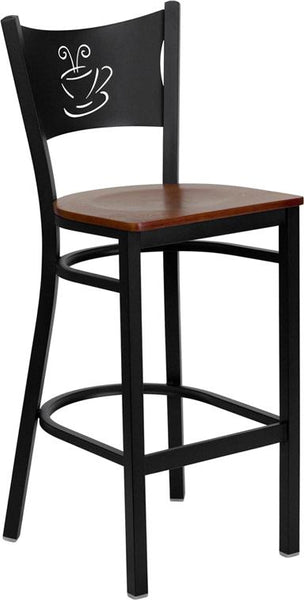 Flash Furniture HERCULES Series Black Coffee Back Metal Restaurant Barstool - Cherry Wood Seat - XU-DG-60114-COF-BAR-CHYW-GG