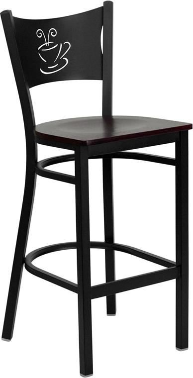 Flash Furniture HERCULES Series Black Coffee Back Metal Restaurant Barstool - Mahogany Wood Seat - XU-DG-60114-COF-BAR-MAHW-GG