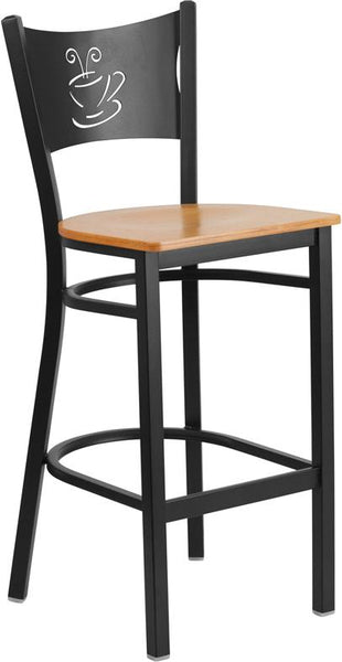 Flash Furniture HERCULES Series Black Coffee Back Metal Restaurant Barstool - Natural Wood Seat - XU-DG-60114-COF-BAR-NATW-GG