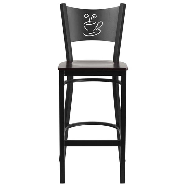 Flash Furniture HERCULES Series Black Coffee Back Metal Restaurant Barstool - Walnut Wood Seat - XU-DG-60114-COF-BAR-WALW-GG