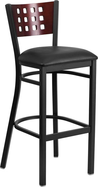 Flash Furniture HERCULES Series Black Cutout Back Metal Restaurant Barstool - Mahogany Wood Back, Black Vinyl Seat - XU-DG-60118-MAH-BAR-BLKV-GG