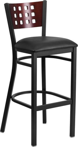 Flash Furniture HERCULES Series Black Cutout Back Metal Restaurant Barstool - Mahogany Wood Back, Black Vinyl Seat - XU-DG-60118-MAH-BAR-BLKV-GG