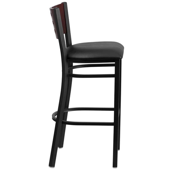 Flash Furniture HERCULES Series Black Cutout Back Metal Restaurant Barstool - Mahogany Wood Back, Black Vinyl Seat - XU-DG-60118-MAH-BAR-BLKV-GG