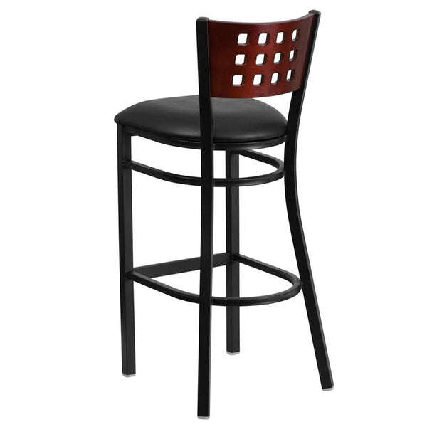 Flash Furniture HERCULES Series Black Cutout Back Metal Restaurant Barstool - Mahogany Wood Back, Black Vinyl Seat - XU-DG-60118-MAH-BAR-BLKV-GG