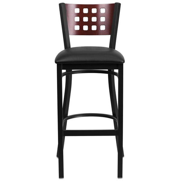 Flash Furniture HERCULES Series Black Cutout Back Metal Restaurant Barstool - Mahogany Wood Back, Black Vinyl Seat - XU-DG-60118-MAH-BAR-BLKV-GG