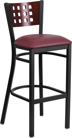 Flash Furniture HERCULES Series Black Cutout Back Metal Restaurant Barstool - Mahogany Wood Back, Burgundy Vinyl Seat - XU-DG-60118-MAH-BAR-BURV-GG