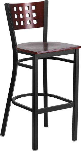 Flash Furniture HERCULES Series Black Cutout Back Metal Restaurant Barstool - Mahogany Wood Back & Seat - XU-DG-60118-MAH-BAR-MTL-GG