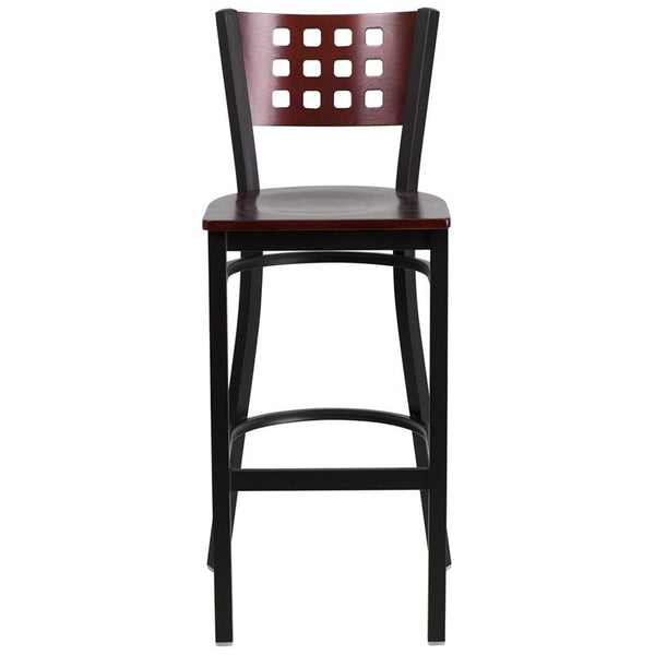 Flash Furniture HERCULES Series Black Cutout Back Metal Restaurant Barstool - Mahogany Wood Back & Seat - XU-DG-60118-MAH-BAR-MTL-GG