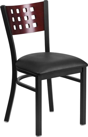 Flash Furniture HERCULES Series Black Cutout Back Metal Restaurant Chair - Mahogany Wood Back, Black Vinyl Seat - XU-DG-60117-MAH-BLKV-GG