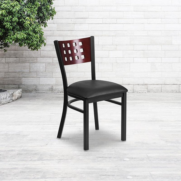 Flash Furniture HERCULES Series Black Cutout Back Metal Restaurant Chair - Mahogany Wood Back, Black Vinyl Seat - XU-DG-60117-MAH-BLKV-GG