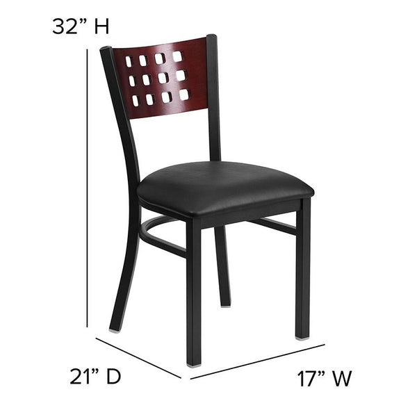 Flash Furniture HERCULES Series Black Cutout Back Metal Restaurant Chair - Mahogany Wood Back, Black Vinyl Seat - XU-DG-60117-MAH-BLKV-GG