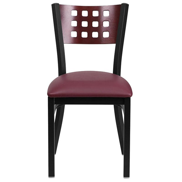 Flash Furniture HERCULES Series Black Cutout Back Metal Restaurant Chair - Mahogany Wood Back, Burgundy Vinyl Seat - XU-DG-60117-MAH-BURV-GG