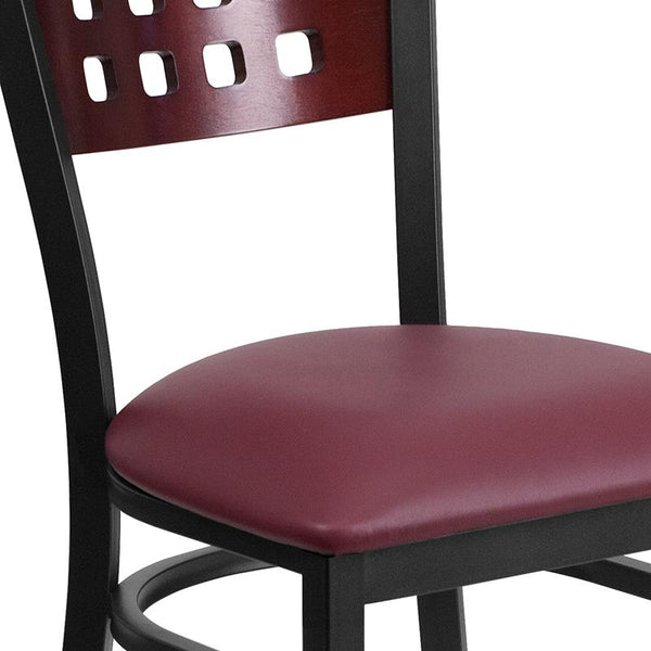 Flash Furniture HERCULES Series Black Cutout Back Metal Restaurant Chair - Mahogany Wood Back, Burgundy Vinyl Seat - XU-DG-60117-MAH-BURV-GG