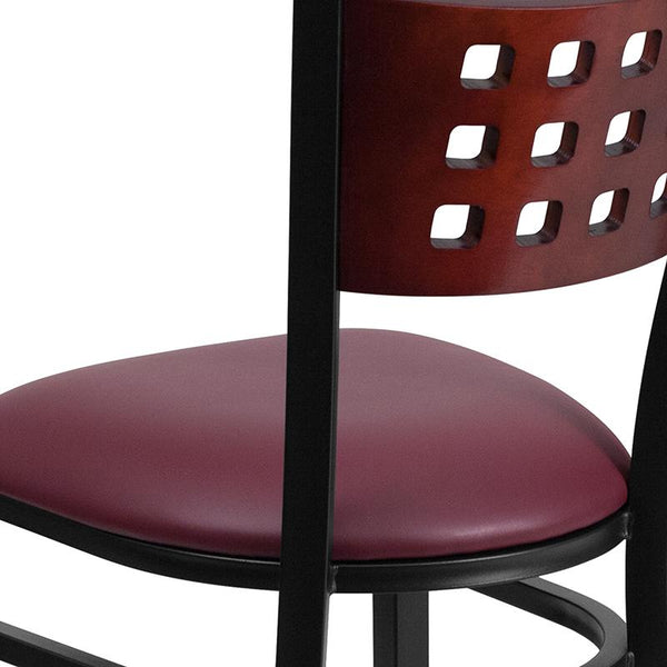 Flash Furniture HERCULES Series Black Cutout Back Metal Restaurant Chair - Mahogany Wood Back, Burgundy Vinyl Seat - XU-DG-60117-MAH-BURV-GG