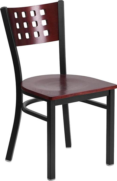 Flash Furniture HERCULES Series Black Cutout Back Metal Restaurant Chair - Mahogany Wood Back & Seat - XU-DG-60117-MAH-MTL-GG