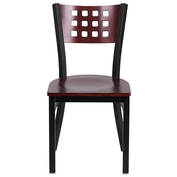 Flash Furniture HERCULES Series Black Cutout Back Metal Restaurant Chair - Mahogany Wood Back & Seat - XU-DG-60117-MAH-MTL-GG