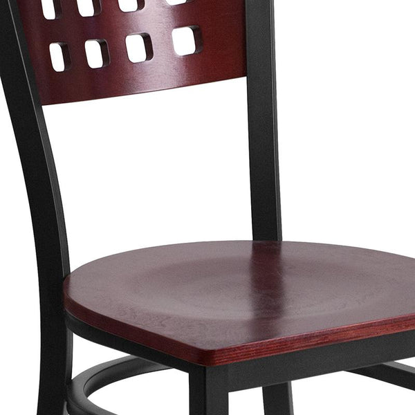 Flash Furniture HERCULES Series Black Cutout Back Metal Restaurant Chair - Mahogany Wood Back & Seat - XU-DG-60117-MAH-MTL-GG