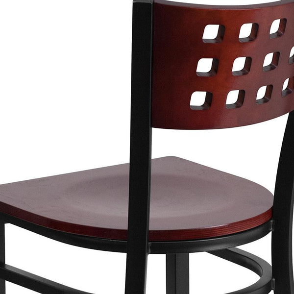 Flash Furniture HERCULES Series Black Cutout Back Metal Restaurant Chair - Mahogany Wood Back & Seat - XU-DG-60117-MAH-MTL-GG