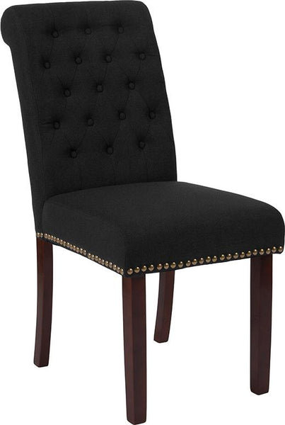 Flash Furniture HERCULES Series Black Fabric Parsons Chair with Rolled Back, Accent Nail Trim and Walnut Finish - BT-P-BK-FAB-GG