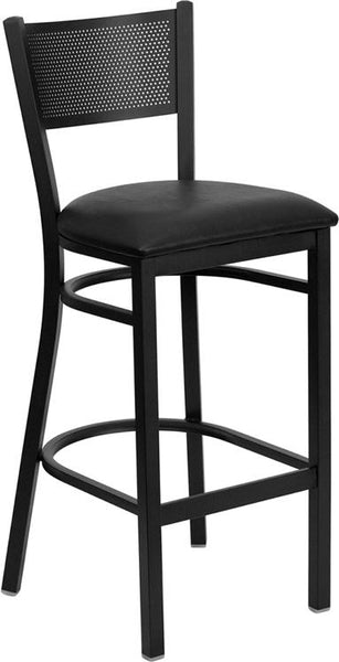 Flash Furniture HERCULES Series Black Grid Back Metal Restaurant Barstool - Black Vinyl Seat - XU-DG-60116-GRD-BAR-BLKV-GG