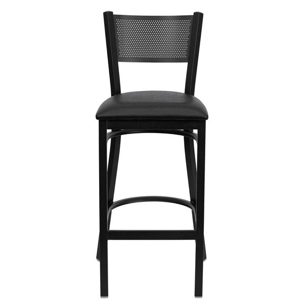 Flash Furniture HERCULES Series Black Grid Back Metal Restaurant Barstool - Black Vinyl Seat - XU-DG-60116-GRD-BAR-BLKV-GG