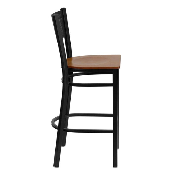 Flash Furniture HERCULES Series Black Grid Back Metal Restaurant Barstool - Cherry Wood Seat - XU-DG-60116-GRD-BAR-CHYW-GG