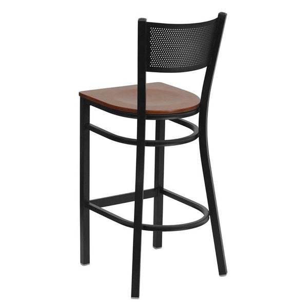 Flash Furniture HERCULES Series Black Grid Back Metal Restaurant Barstool - Cherry Wood Seat - XU-DG-60116-GRD-BAR-CHYW-GG