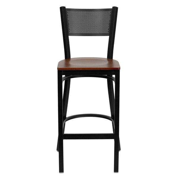 Flash Furniture HERCULES Series Black Grid Back Metal Restaurant Barstool - Cherry Wood Seat - XU-DG-60116-GRD-BAR-CHYW-GG