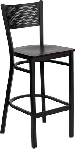 Flash Furniture HERCULES Series Black Grid Back Metal Restaurant Barstool - Mahogany Wood Seat - XU-DG-60116-GRD-BAR-MAHW-GG