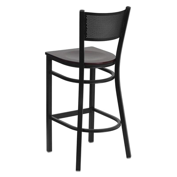 Flash Furniture HERCULES Series Black Grid Back Metal Restaurant Barstool - Mahogany Wood Seat - XU-DG-60116-GRD-BAR-MAHW-GG