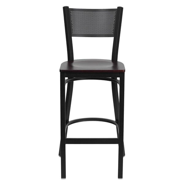 Flash Furniture HERCULES Series Black Grid Back Metal Restaurant Barstool - Mahogany Wood Seat - XU-DG-60116-GRD-BAR-MAHW-GG