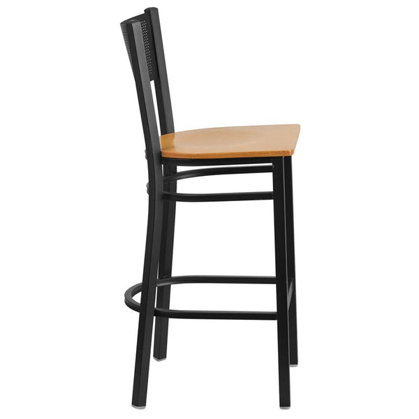 Flash Furniture HERCULES Series Black Grid Back Metal Restaurant Barstool - Natural Wood Seat - XU-DG-60116-GRD-BAR-NATW-GG