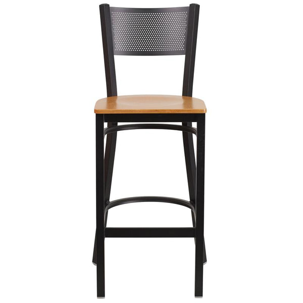 Flash Furniture HERCULES Series Black Grid Back Metal Restaurant Barstool - Natural Wood Seat - XU-DG-60116-GRD-BAR-NATW-GG