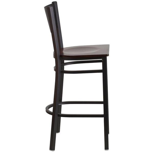 Flash Furniture HERCULES Series Black Grid Back Metal Restaurant Barstool - Walnut Wood Seat - XU-DG-60116-GRD-BAR-WALW-GG