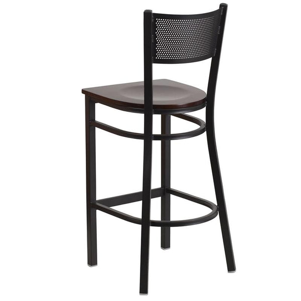 Flash Furniture HERCULES Series Black Grid Back Metal Restaurant Barstool - Walnut Wood Seat - XU-DG-60116-GRD-BAR-WALW-GG